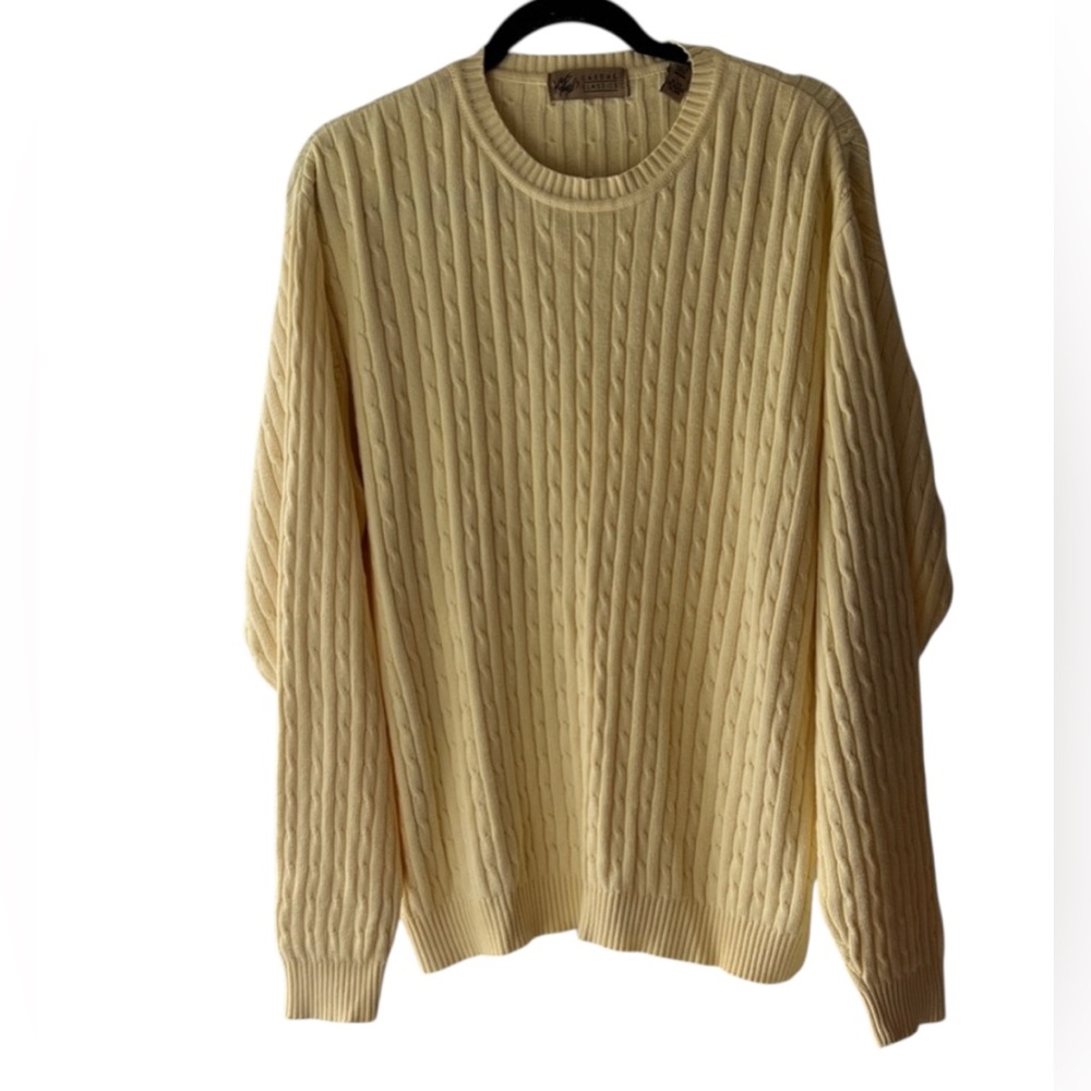 Lord & Taylor 100% Cotton Cable Knit Sweater Yellow Large Preppy EUC Made in UK